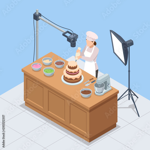 A professional baker meticulously decorating a multi-layer cake, using modern tools and colorful frostings, showcasing the art and skill of cake artistry in a bright studio.