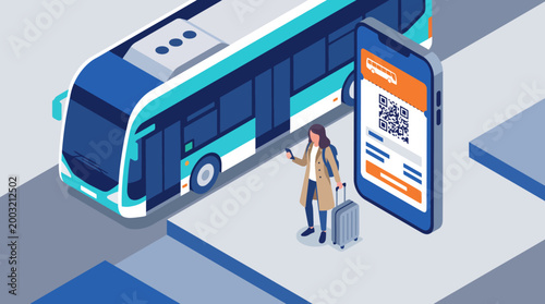 A modern traveler checks their smartphone for a digital ticket while waiting for the bus, illustrating the convenience of technology in transportation and travel efficiency.