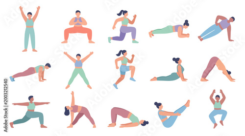 Flat Illustration of Diverse People Exercising in Various Yoga and Fitness Poses