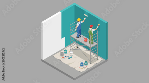 This image portrays two workers painting a wall using scaffolding in a home renovation setting, representing professionalism and creativity in interior design and maintenance.