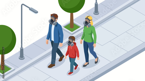 The illustration captures a family walking with gas masks, symbolizing environmental awareness and the impact of pollution, prompting thoughts on safety and health.