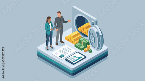 Two business professionals engage in a discussion about financial strategy, exploring opportunities and challenges while standing next to a safe and various monetary elements.