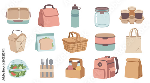 Flat Style Vector Icons of Lunchboxes, Bags, and Food Containers for Picnic