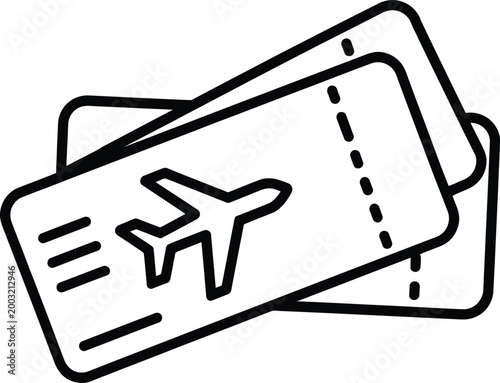 Airplane ticket outline icon collection, vector line art showing stacked boarding passes and flight reservation concept, minimalist travel booking design for UI, websites, and mobile apps.