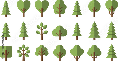 Flat Green Tree Icon Set with Pine, Oak, Heart, and Bush Shapes for Nature, Forest, Ecology, and Environment Graphic Designs