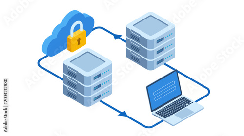 A visual representation of a secure cloud network illustrates the connection between various data servers and a laptop, emphasizing modern technology's role in data protection.