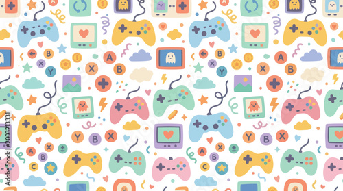Cute Pastel Flat Cartoon Gaming Seamless Pattern with Video Game Controllers and Consoles