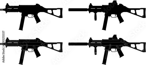 UMP Submachine Gun Silhouette Vector Set with and without Attachments