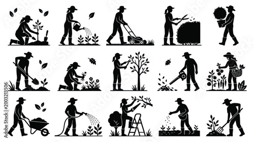 Gardening Silhouettes Icons: Planting, Mowing, Watering, Pruning, Harvesting