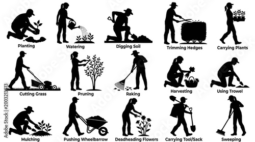 Gardening Silhouettes: Planting, Watering, Digging, Trimming, Carrying Plants, Cutting Grass, Pruning, Raking, Harvesting, Trowel, Mulching, Wheelbarrow, Flowers, Tools, Sweeping