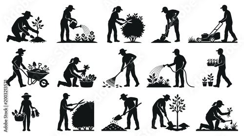 Gardening Silhouettes: People Planting, Watering, Mowing, Raking, Pruning