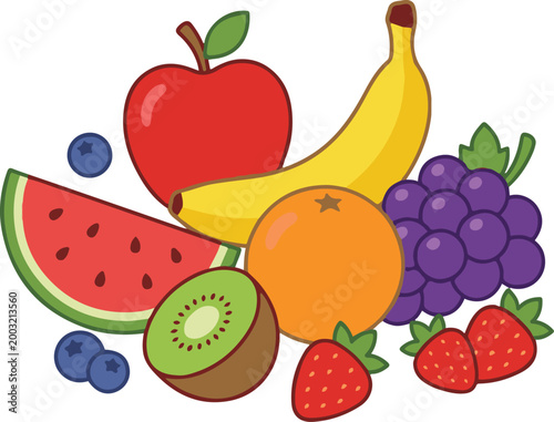 Bright and colorful illustration of assorted fruits including apple, banana, grapes, orange, watermelon, kiwi, strawberries, and blueberries in a fresh style.
