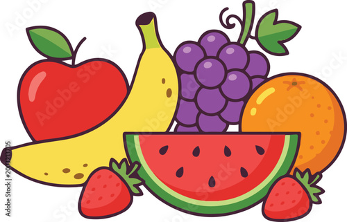 Colorful illustration of assorted fruits including apple, banana, grapes, orange, watermelon, and strawberries in a fresh and vibrant style.