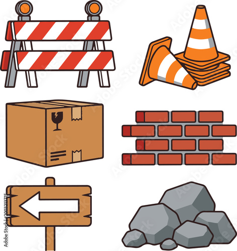 Set of construction elements including barriers, cones, bricks, rocks, wooden sign, and box, illustrated in a simple cartoon vector style.