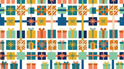Seamless Pattern of Colorful Gift Boxes, Flat Vector Illustration