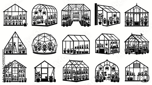 Gardening Greenhouse Black  White Glyph Icons Set. Vector Horticulture Glasshouses  Plants Collection