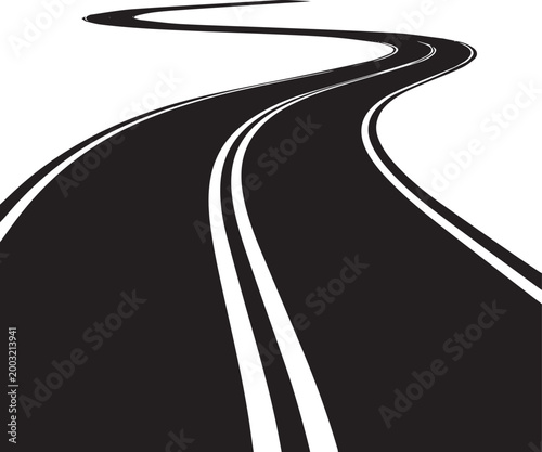 A Winding Silhouette road isolated, curved road with white lines, bending traffic road to horizon in perspective, winding empty asphalt highway - stock vector no background