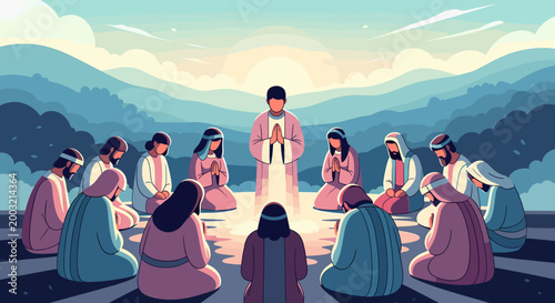 A spiritual gathering of people in traditional attire, kneeling around a central figure, with a glowing light and mountains in the background.