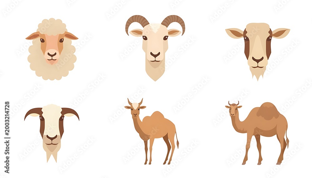 Fototapeta premium Collection of six cartoon animal heads and figures including sheep ram goat camels with farm animals domestic animals desert animals petting zoo animal kingdom animal breeds livestock