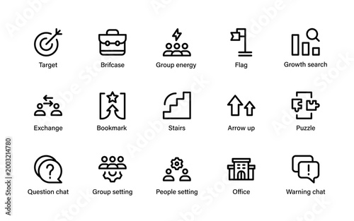 Business icons set for digital success. Versatile collection highlighting finance analytics communication management growth and corporate strategy elements