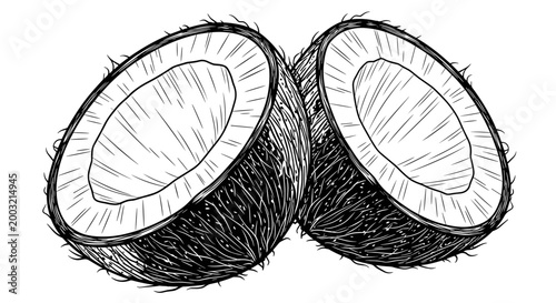 Detailed and rustic engraving style illustration of two halved coconuts, showcasing their fibrous husks and inner texture.