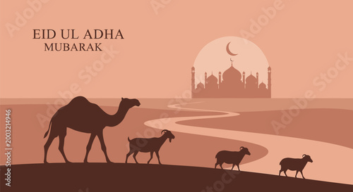 Eid Ul Adha Mubarak, Islamic Holiday Greeting, Camel and Sheep Silhouettes, Desert Landscape