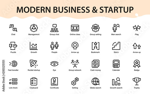 Modern business and startup icon set featuring finance, growth, communication, and productivity symbols for apps, web, and digital platforms