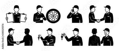 Mechanic Icons Set, Auto Repair Service Silhouette Collection with Car Maintenance Actions, Clipboard Holding, Handshake, and Vehicle Keys Handling for Automotive Workshop Business Graphic Design Asse