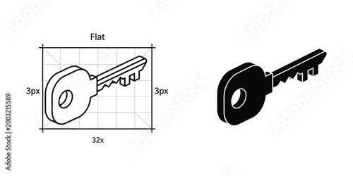 Technical drawing and 3d rendering of a traditional metal key with dimensions