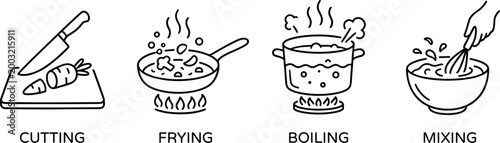 cooking process icons showing cutting frying boiling and mixing food preparation steps on transparent background