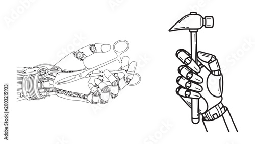 Advanced robotic hands demonstrating versatility by holding surgical scissors for precision and a hammer for construction, illustrating artificial intelligence capabilities in diverse tasks.