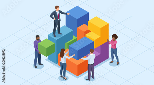 An illustration showing a diverse team of people collaborating in building blocks, symbolizing teamwork, creativity, and the constructive process of achieving common goals.