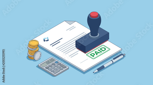 This flat design image features a 'Paid' stamp placed on documents surrounded by coins and a calculator, emphasizing financial transactions and accounting services in a business context.