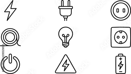 electricity symbols collection including plug socket battery and warning sign outline on transparent background