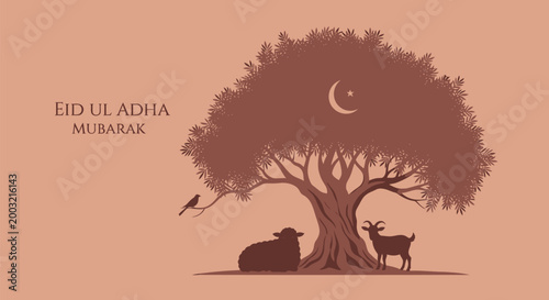 Eid Ul Adha Mubarak, Islamic Holiday Greeting, Tree Silhouette, Animal Illustration, Brown Background
