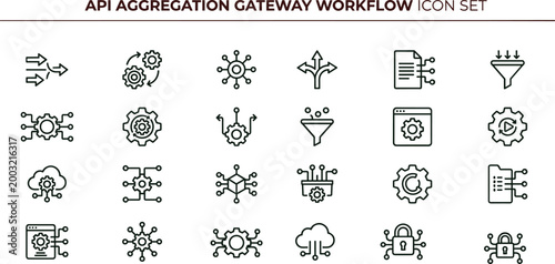 Fotografia API aggregation gateway workflow icon set with data integration routing processi