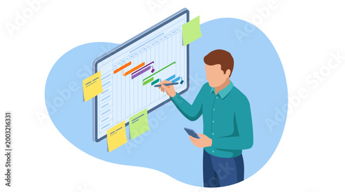 A professional image of a businessman interacting with a digital project management dashboard featuring colorful sticky notes, highlighting organization and productivity in the workplace.