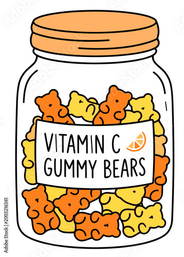 Jar of vitamin C gummy bears in colorful shapes and flavors  