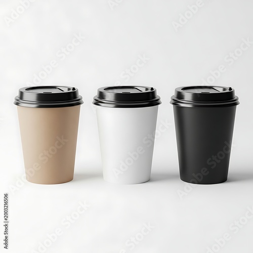 Three disposable coffee cups with black lids