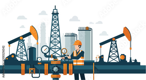 Simple flat illustration of a worker monitoring pipelines in the oil and gas industry, few colors, white background.