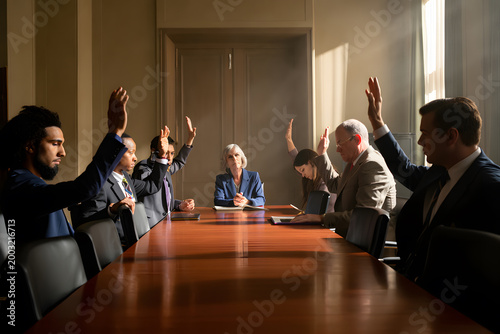 Business professionals voting with hands raised around a conference table in a meeting room
