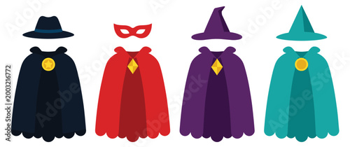 Set of superhero and magician costume capes with hats and mask.