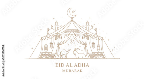 Eid Al Adha Mubarak, Islamic Holiday, Ramadan Vector Illustration, Gold Line Art, Festival Greeting Card