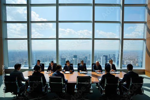 Business people sitting around a large wooden table in a highrise office