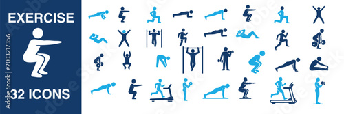 Large mega set of 32 exercise icons featuring gym workout poses, fitness training, bodyweight silhouettes, cardio activities, cad drawing flat vector illustration, isolated.