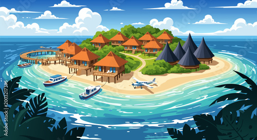 Exotic tropical island vector illustration with bungalows, boats, and a small airplane, showcasing a luxurious getaway destination