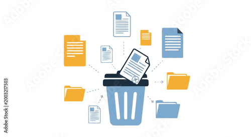 Digital files and folders moving into blue trash bin