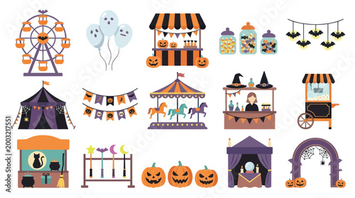 Spooky Halloween Carnival Fairground Booths, Rides  Decorations Flat Vector Illustration Set