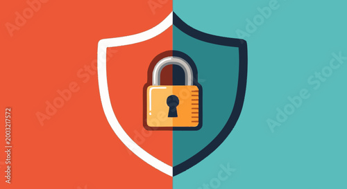 Cyber security shield and padlock icon on colorful background