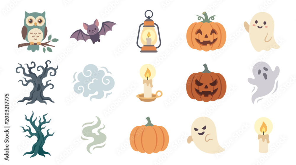 Obraz premium Halloween Icons Set: Spooky Owl, Bat, Pumpkins, Ghosts, Trees, Lantern, Candle